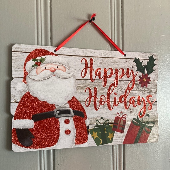 NWT Gleaming Red Glittered Santa Happy Holidays Planked Wood Decoration Sign - Picture 13 of 17